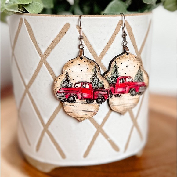 Red Truck Drop Earrings, Christmas Earrings, Red Truck - Picture 3 of 3
